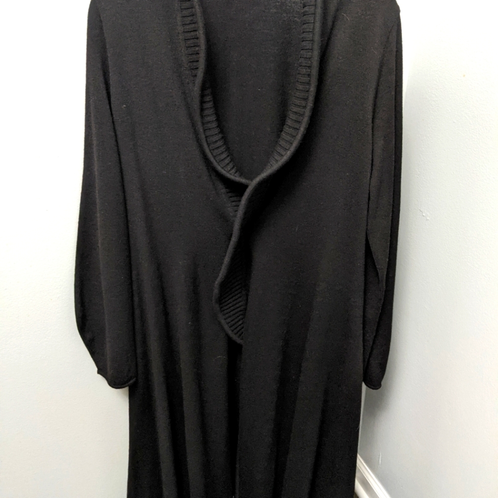 She's So Black Knitted Long Cardigan.  Ribbed Collar & Pleated Back.  Beautiful.